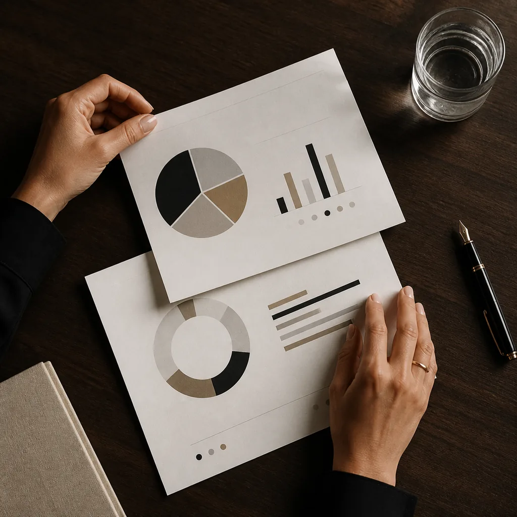 Illustrative placeholder: hands arranging printed charts and a pen on a dark table.