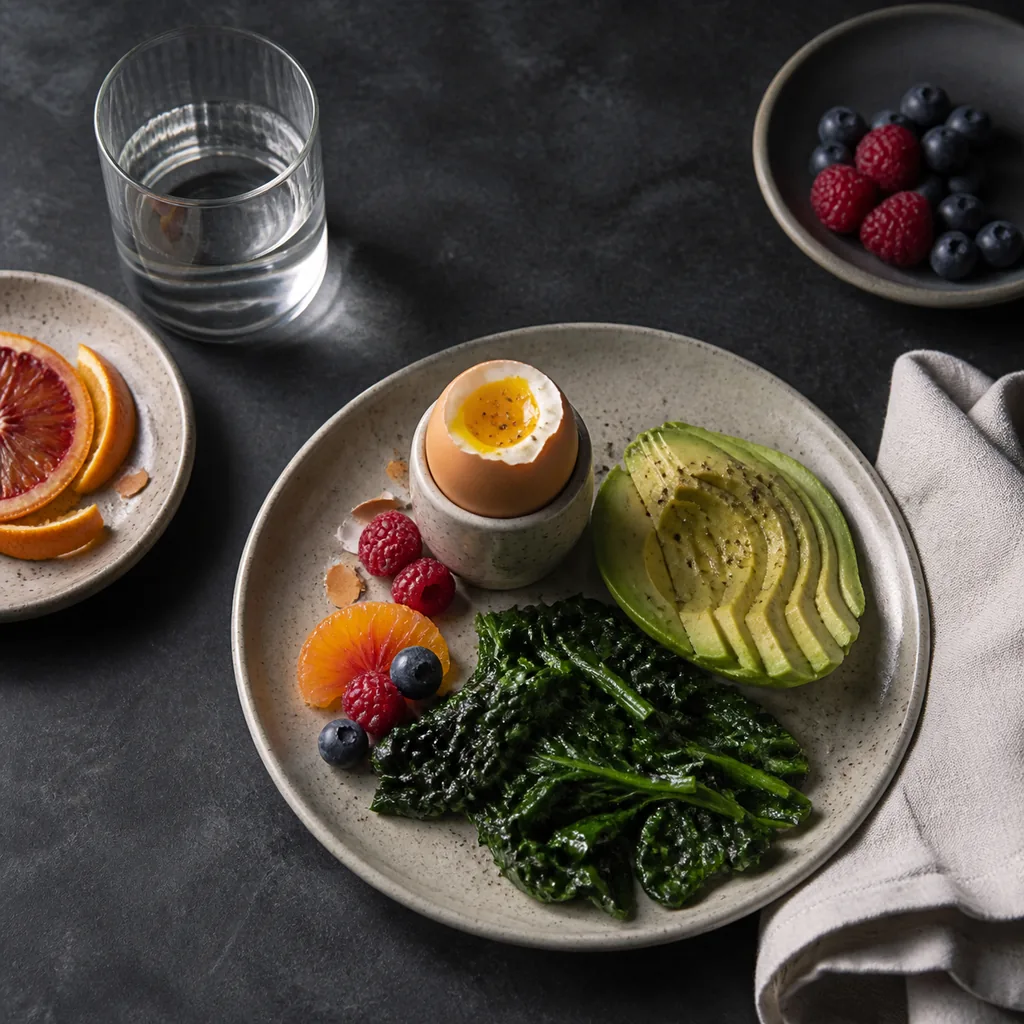 Illustrative placeholder: a plate of vegetables, egg and avocado beside fruit and a glass of water.