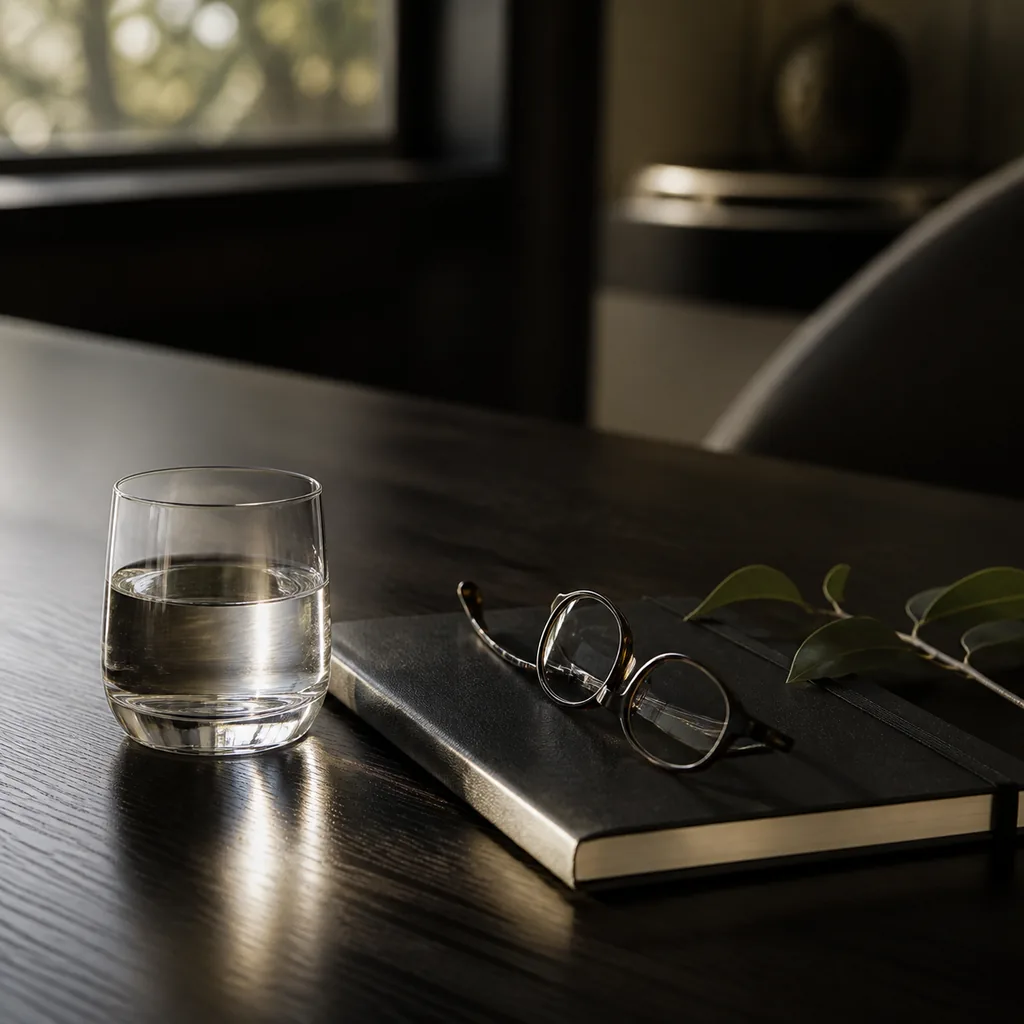 Illustrative placeholder: a closed notebook, reading glasses and a glass of water on a dark table.