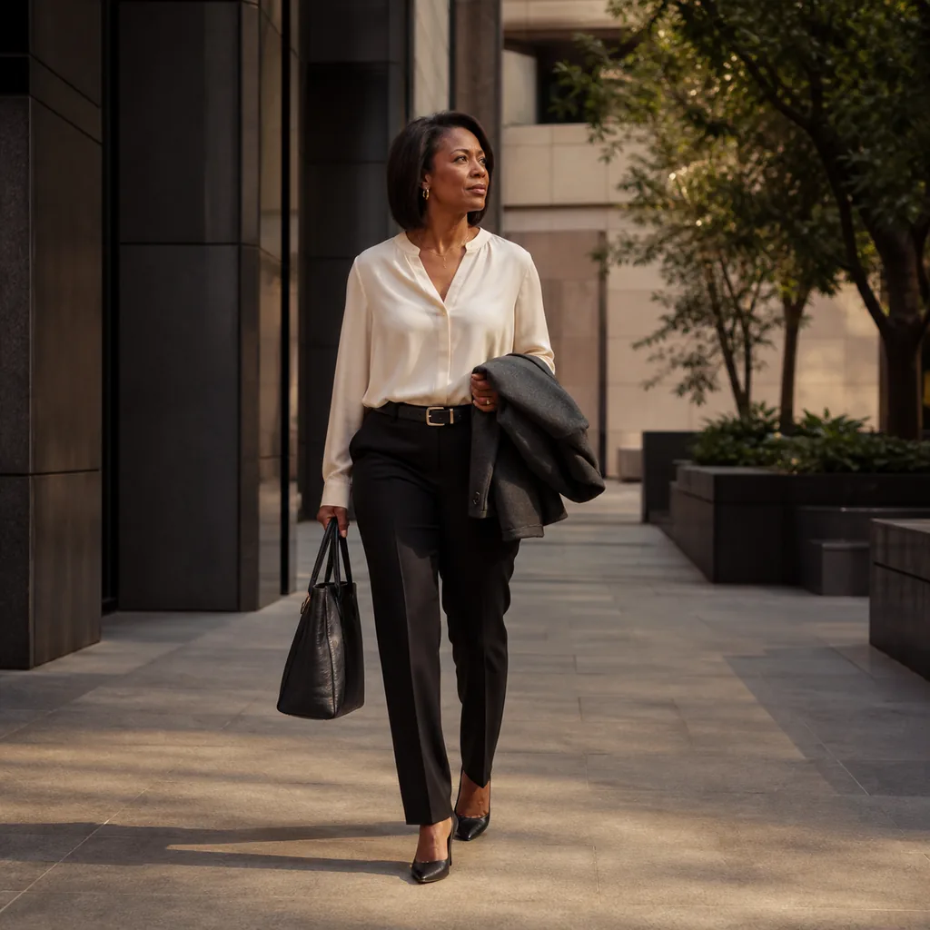 Illustrative placeholder: a woman in work clothes walking along a sunlit city pavement.