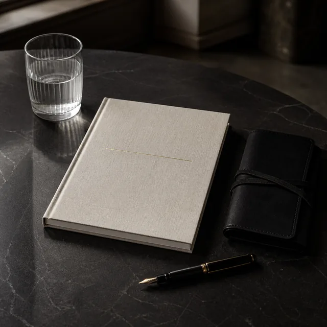 A pale bound workbook and a dark notebook with a pen on a stone surface.
