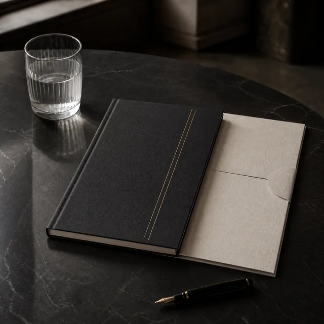A dark bound workbook opened beside a pale folder on a stone surface.
