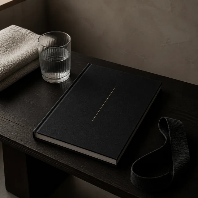 A dark bound programme workbook and a glass of water on a stone surface.
