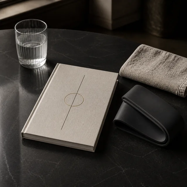 A bound programme workbook beside a folded cloth and a glass of water.